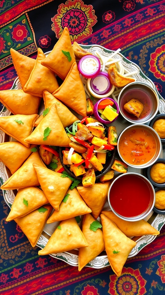 A colorful platter of assorted Indian vegetarian snacks including samosas, pakoras, and chutneys.